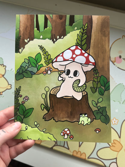 Mushroom woodland art print 6x8 inch