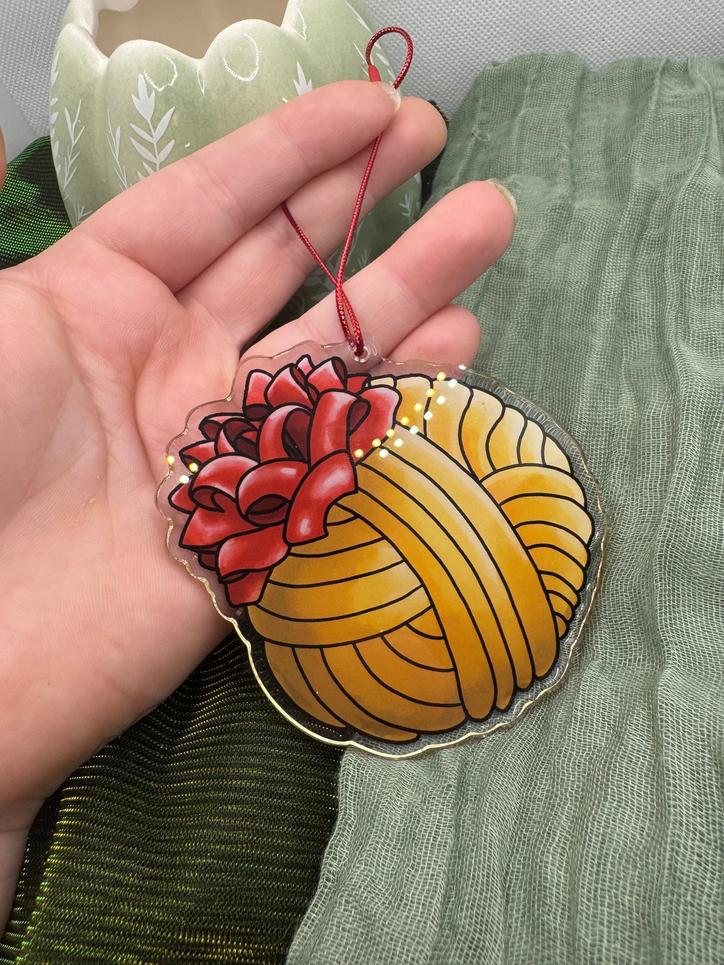 Gold yarn ball acrylic tree ornament