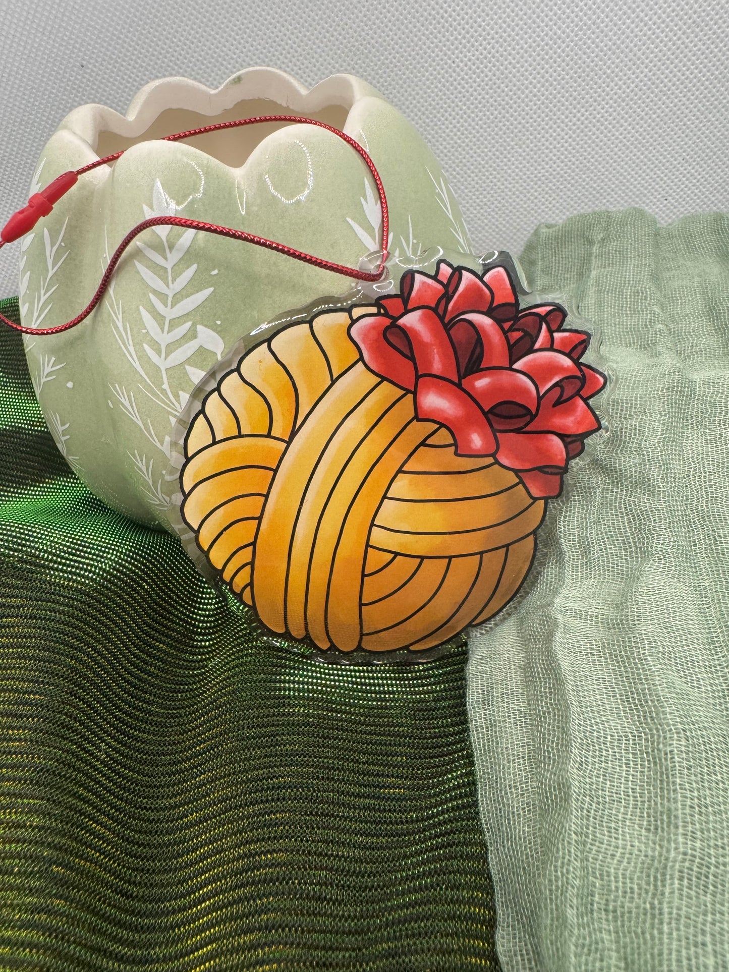 Gold yarn ball acrylic tree ornament