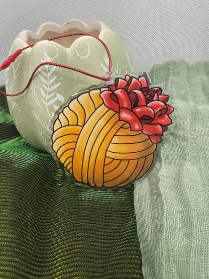 Gold yarn ball acrylic tree ornament