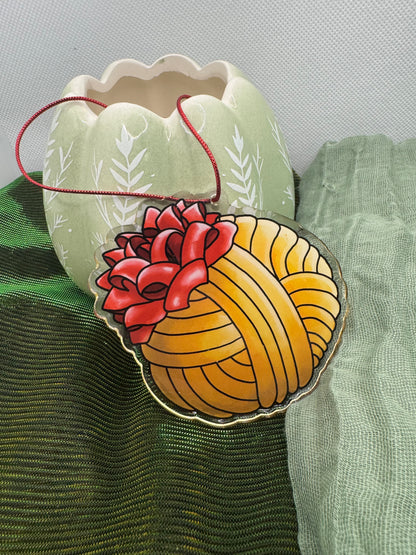 Gold yarn ball acrylic tree ornament