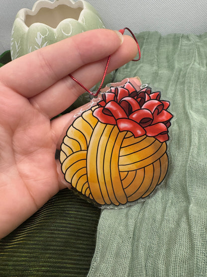 Gold yarn ball acrylic tree ornament