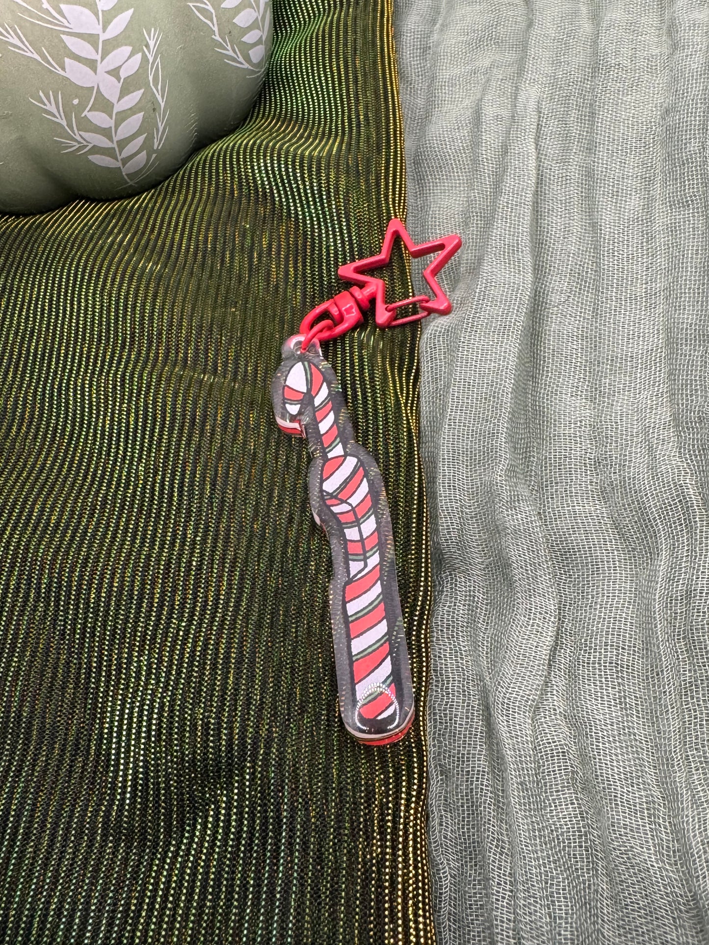 Candy cane crochet hook keyring
