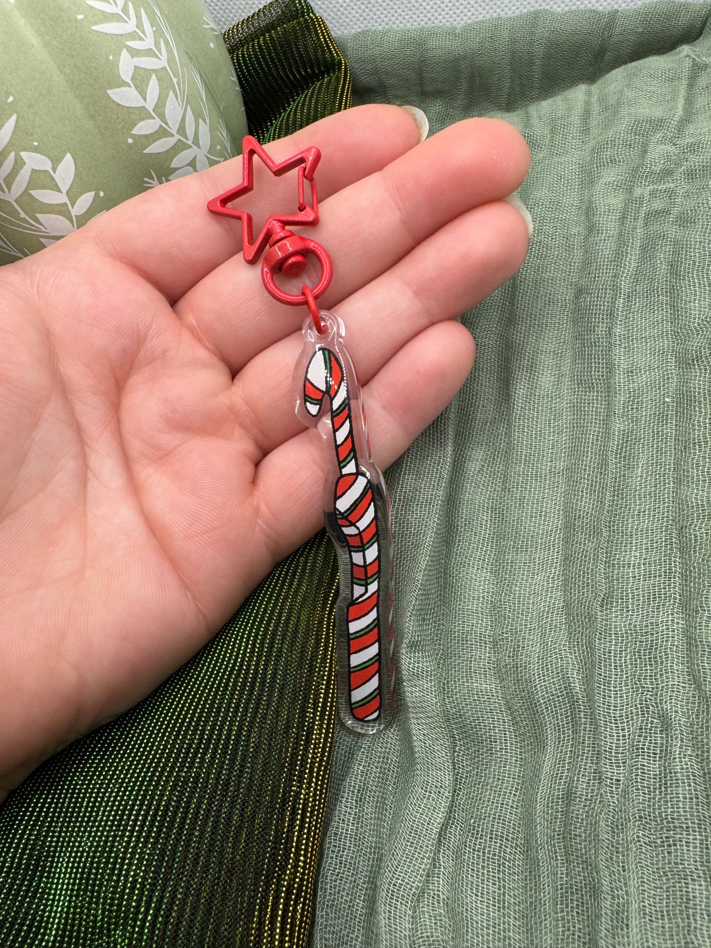 Candy cane crochet hook keyring